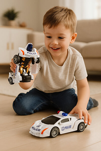 LEAN Robot si Masina Politie 2in1 cu Transformare, Lumini si Sunete - Alb