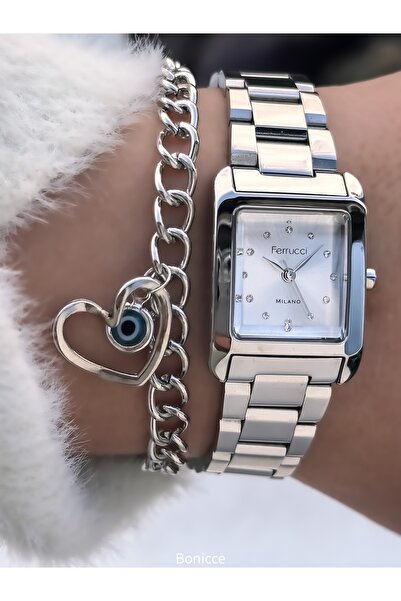 Ferrucci Gümüş Renk Çelik Kordon,taşlı Kadın Kol Saati Kalp Bileklik