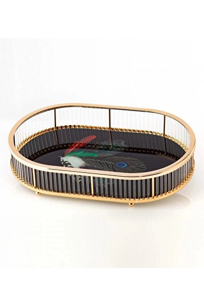 Dania صينية تقديم زجاجية بمقبض معدني ذهبي 25X25X18 سم