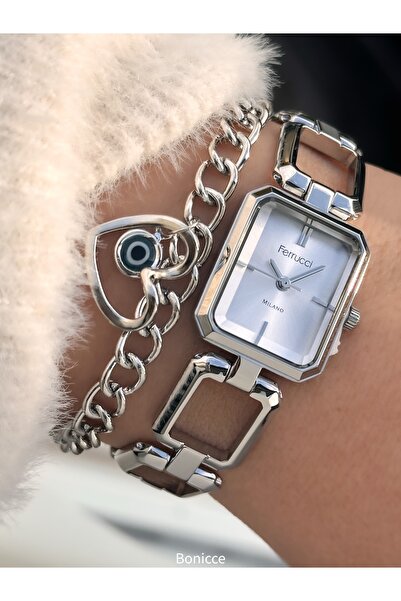 Ferrucci حافظة ذات زاوية مستطيلة من العلامة التجارية، ساعة يد نسائية بحبل فولاذي أصفر + سوار من الخرز