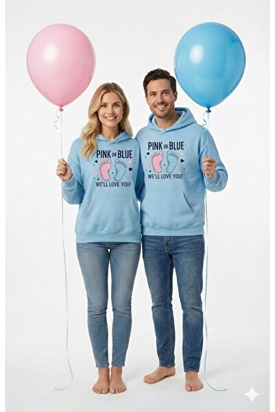 Trendy Sun هودي للجنسين. مع طباعة 'وردي أو أزرق - سنحبك'، مناسب للإعلان عن ال...