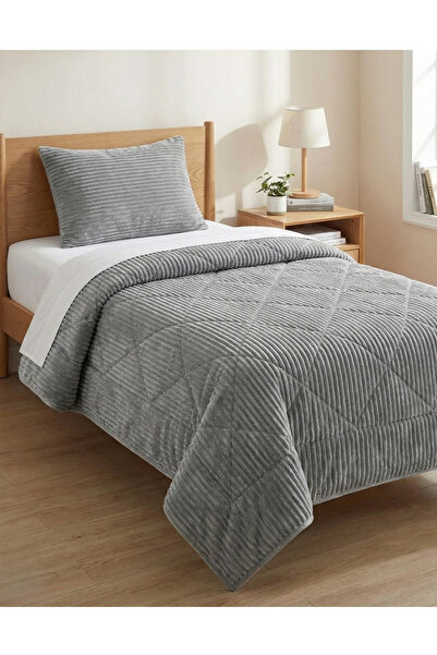 ALTINPAMUK طقم لحاف فردي من WELLSOFT مقاس 155×215 رمادي مع غطاء وسادة كهدية