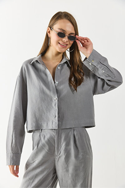 VENA Women's Linen Crop Shirt - Gray