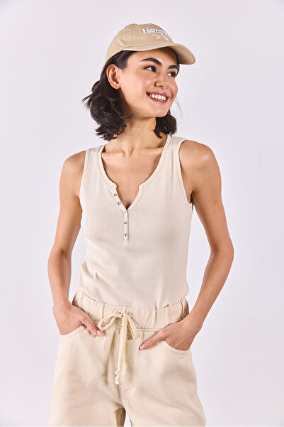 VENA Kadın Matilda Düğme Detaylı Vücuda Oturan Atlet %100 Pamuk - Taş