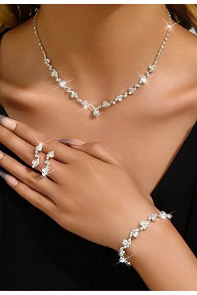 Renkada Gümüş Kaplama Asil Kolye Küpe Ve Bileklik Seti 3'lü Set Davet Düğün Nişan Abiye