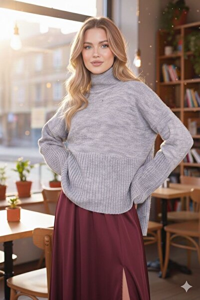 TOUCH LIFE Gri Balıkçı Yaka Salaş Triko Kazak