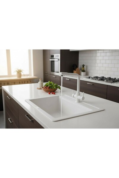 HENASURFACE Granit Eviye 1 Gözlü Beyaz 55x50 Granit Evye Kuvars