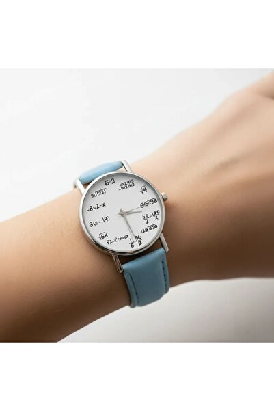 Skymag Ceas dama formule matematice, curea albastru deschis din piele ecologica, mecanism quartz