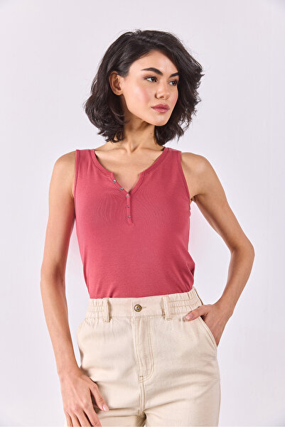 VENA Women's Matilda Button Detailed Fitted Tank Top 100% Cotton - Dried Rose