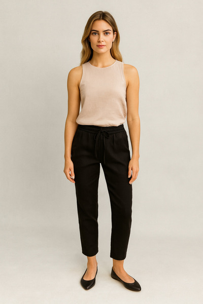 VENA Women's Alian Elastic Waist Beach Pants 100% Linen - Black