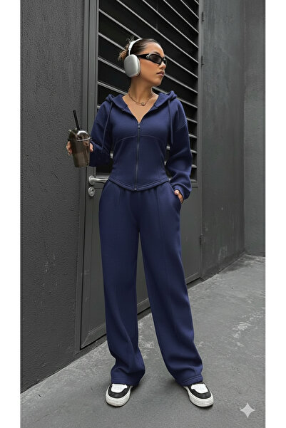 peri tower Set de trening pentru femei, albastru bleumarin, sport, elegant, cu fermoar, cu trei fire, fără șardon, din material textil, 0057