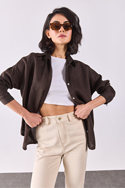 VENA Women's Alina Oversized Shirt 100% Linen - Brown