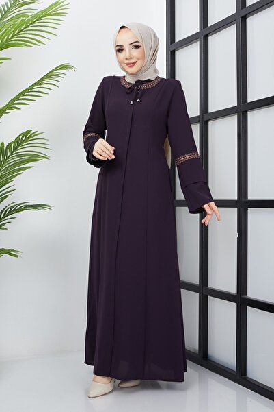 hafsamina Büyük Beden Nakış İşleme Detaylı Mürdüm Ferace