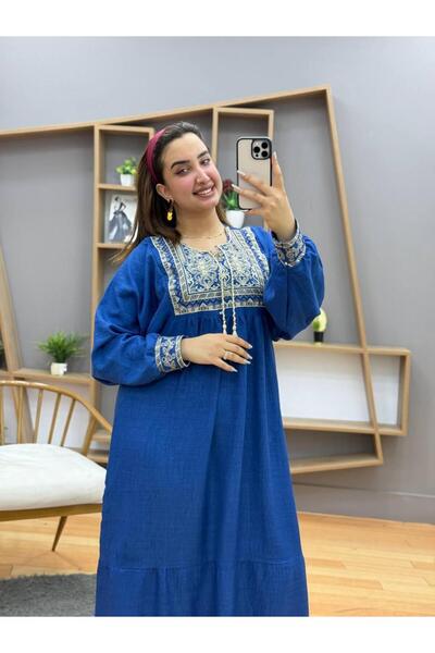 Generies جلابية كتان مطرزة بتصميم انيق وعصري مقاس من55 الي 110 كيلو