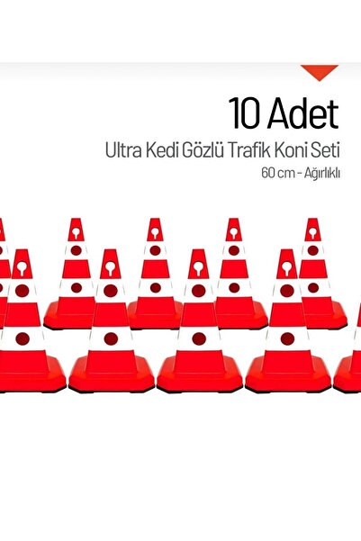 Burada Reklam 10 Adet Klasik Kedi Gözlü Trafik Konisi 65 Cm Trafik Dubası