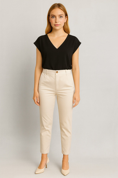 VENA Women's Norah Elastic Waist Gabardine Trousers - Stone