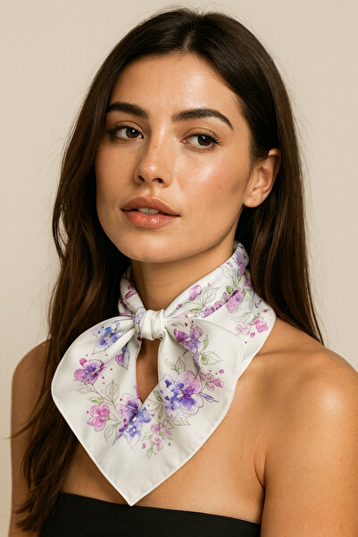 Modabutik Kadın Beyaz Çiçek Desenli Bandana 70x70 MODA-CE01
