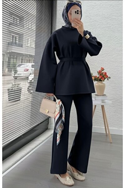 İMONER طقم نسائي مكون من قطعتين باللون الأزرق الداكن مع حزام، تصميم فضفاض ومريح