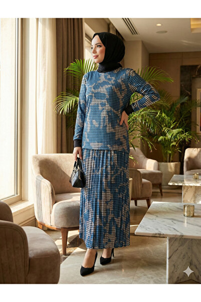 modamira Kadın Saten Sandy İndigo Mavi Desenli Bluz Özel Tasarım Davet Nişan ...