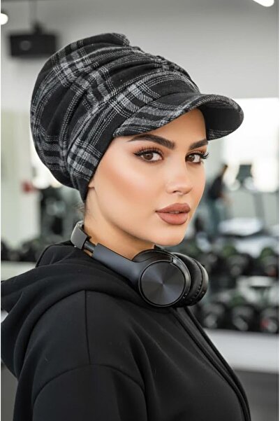 Aişe tesettür Füme Siyah Ekose Desen Tesettür Şapka