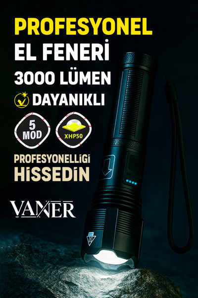 VANER Profesyonel El Feneri 3000 Lümen Süper Parlak Led Zoomlu 5 Mod Su Geçir...