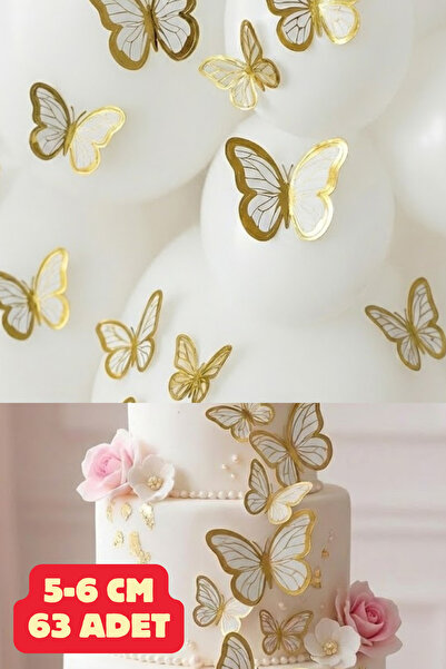 Baloncu Dede 63 Adet Beyaz Altın Yaldızlı Kelebek Pasta Balon ve Duvar Sticke...