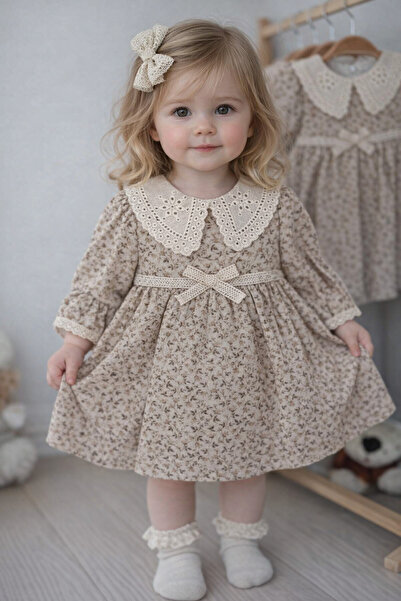 Kids Çiçek Baskılı Yaka Detaylı Keten Kız Elbise