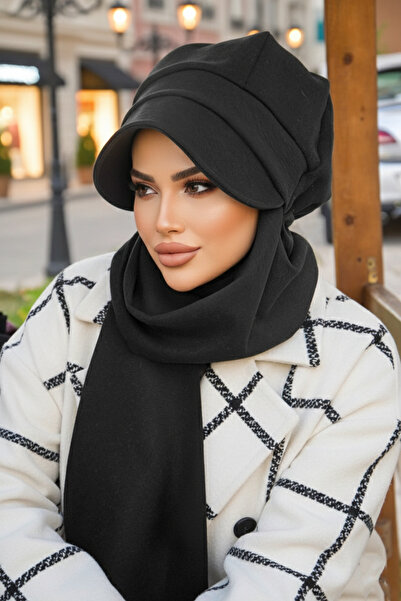 Aişe tesettür Siyah Atkılı Şapka - 30300