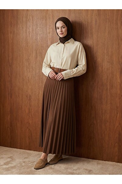 Refka Crepe Fabric Pleated Classic Skirt - Bitter Brown -