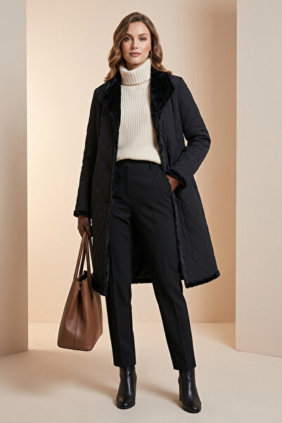 Soydan Güner Su Geçirmez Kapitone Elyaf Kürk Kaban Siyah 1260