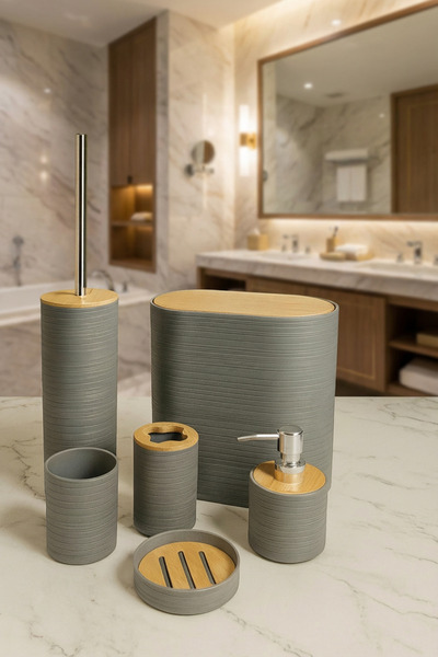 MAKRİ HOME 6 Parça Bambu Kapaklı Banyo Seti, Gri, Oval, Hacim: 8 litre