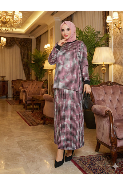 modamira Kadın Gül Tarz Anne Özel Tasarım Desenli Saten 2li Bluz Etek Pilisel...