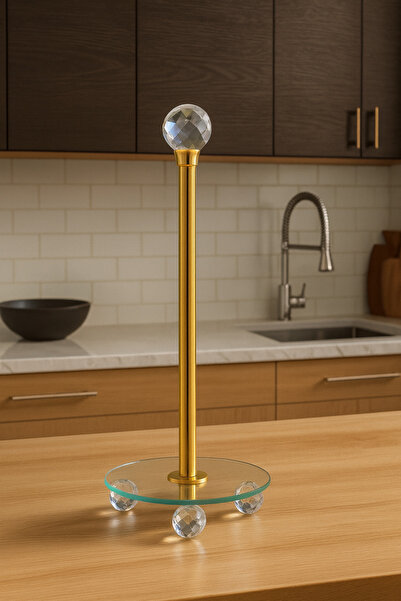 Meralles Gold Dekoratif Kristal Top Ayaklı Yuvarlak Cam Kağıt Havluluk,Peçete...