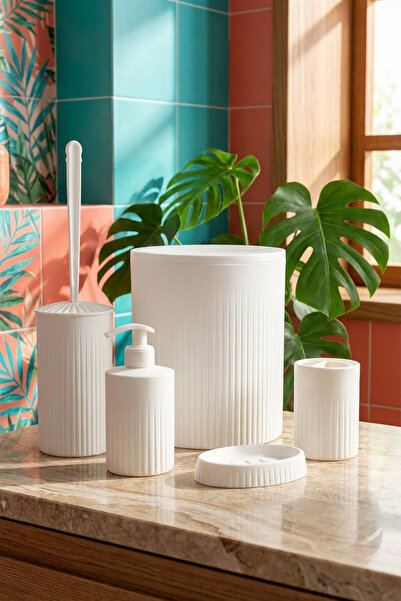 MAKRİ HOME طقم حمام أبيض مكون من 5 قطع بتصميم أنيق، سعة سلة المهملات 6 لترات