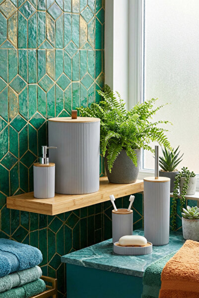 MAKRİ HOME طقم حمام دائري مكون من 5 قطع، بغطاء من الخيزران، رمادي، الحجم: 7 لتر