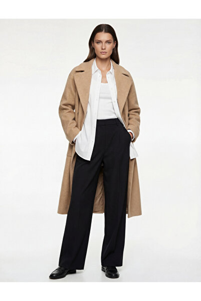 Koton Uzun Kollu Cepli Kemerli Kruvaze Uzun Kaşe Kaban