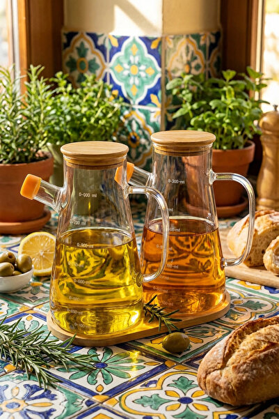MAKRİ HOME 2'li 900 ml Bambu Kapaklı ve Altlıklı Borosilikat Cam Yağlık/Sirke...