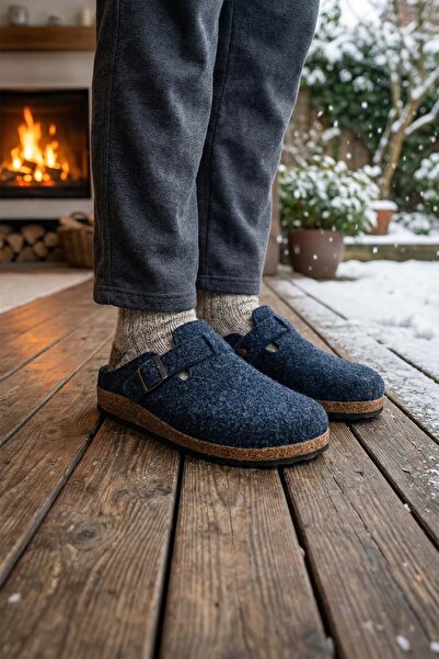 GEZER Erkek Kışlık Mantar Taban Tek Toka Ayarlanabilir Rahat Taban Keçe Ev Bahçe Terlik