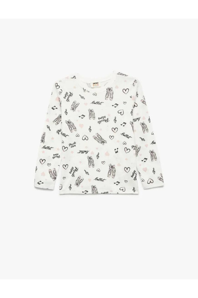 Koton Bisiklet Yaka Bale Baskılı Ekru Kız Çocuk Uzun Kollu T-shirt 6Wkg10140Ak
