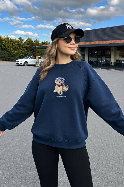 Fashion Friends Oversize Crew Neck Embroidered Sweatshirt Navy Blue