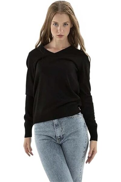 Fashion Friends طاقم الرقبة مخرمة سترة سوداء