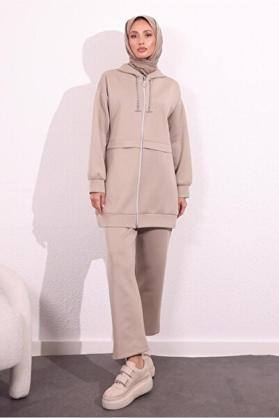 TRENDTESETTÜR KADIN BEJ PANTOLONLU SCUBA TAKIM T 6654