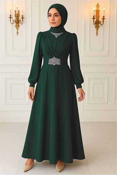 TRENDTESETTÜR KADIN YEŞİL (ZÜMRÜT) TAŞ DETAYLI ABİYE ELBİSE T 0163