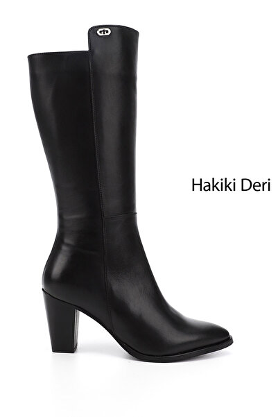 GÖNDERİ(R) Kadın Siyah Sivri Burun Kalın Topuklu Hakiki Deri Çizme