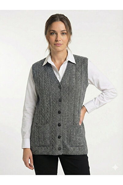 F&D Tekstil Kadın Anne Cepli Düğmeli V Yaka Yün Triko Yelek