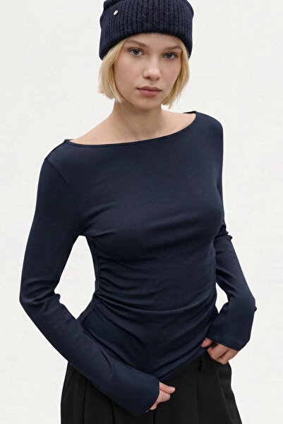 VODENS Μπλούζα με μακρύ μανίκι από 100% βαμβάκι με λεπτομέρεια με κορδόνι σε μπλε ναυτικό χρώμα