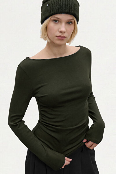 VODENS Μπλούζα με μακριά μανίκια από 100% βαμβάκι με λεπτομέρεια χακί κορδόνι