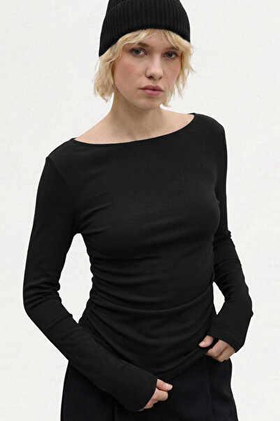 VODENS بلوزة بأكمام طويلة مصنوعة من القطن بنسبة 100% مع تفاصيل مطاطية باللون الأسود