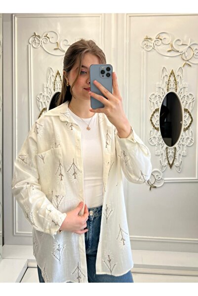 TesetturHome Kadın Nakışlı Oversize %100 Keten Gömlek