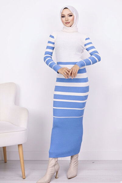 benguen 6041 Синя сукня з трикотажу з коміром-стійкою